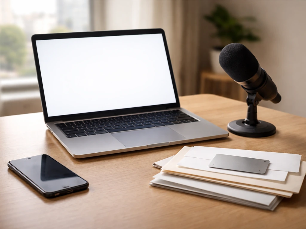 Minimal photo of a clutter-free desk with a laptop, phone, and branded-looking microphone stand symbols of income stream
