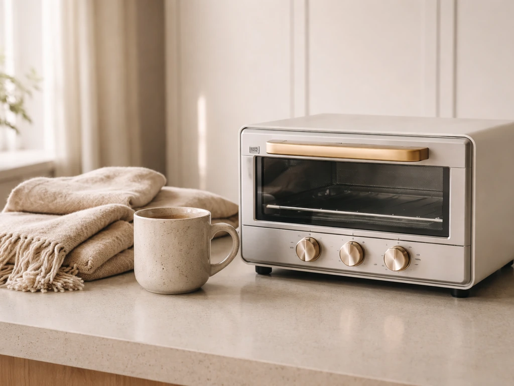 Toaster oven on a kitchen counter with a mug and folded throw, suggesting a lifestyle brand revenue channel.