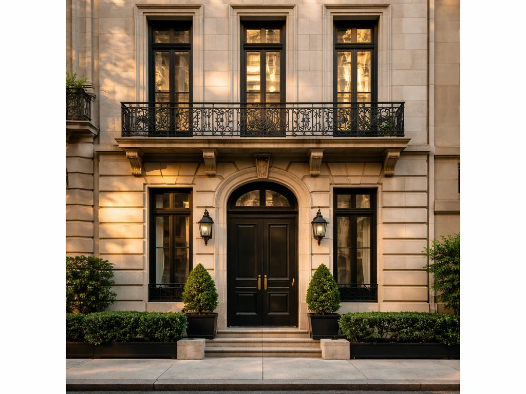 Upper East Side luxury townhouse exterior with classic stone facade and wrought-iron details
