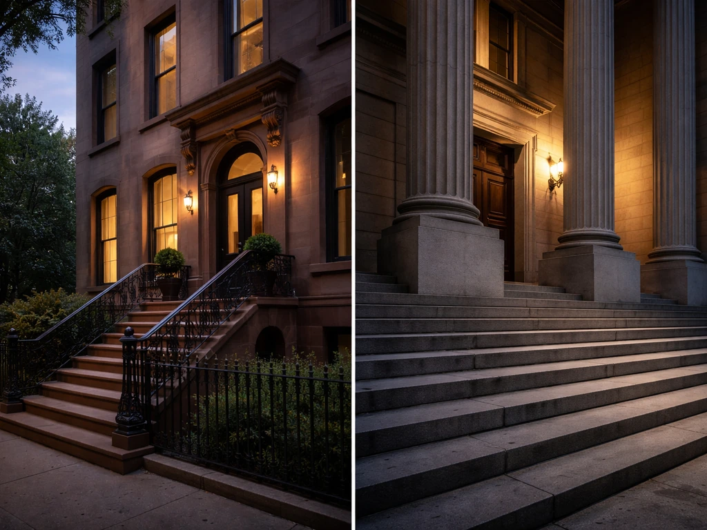 Manhattan townhouse exterior at dusk split with a quiet courthouse entrance symbolism