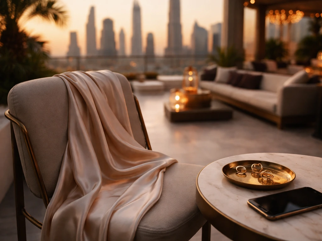 Luxury Dubai rooftop at sunset with elegant fashion details and a subtle sense of wealth and media.