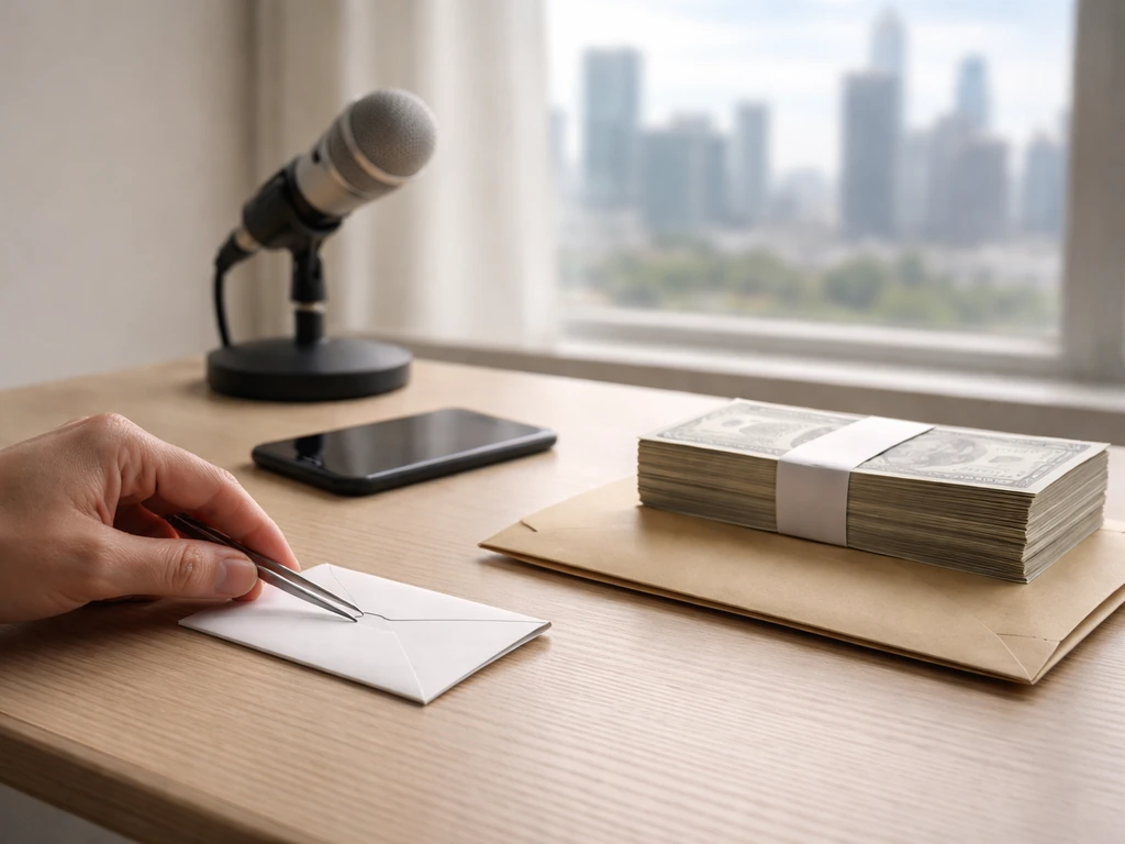 Symbolic office scene: small and large envelopes beside a phone and microphone, suggesting a big net-worth range.