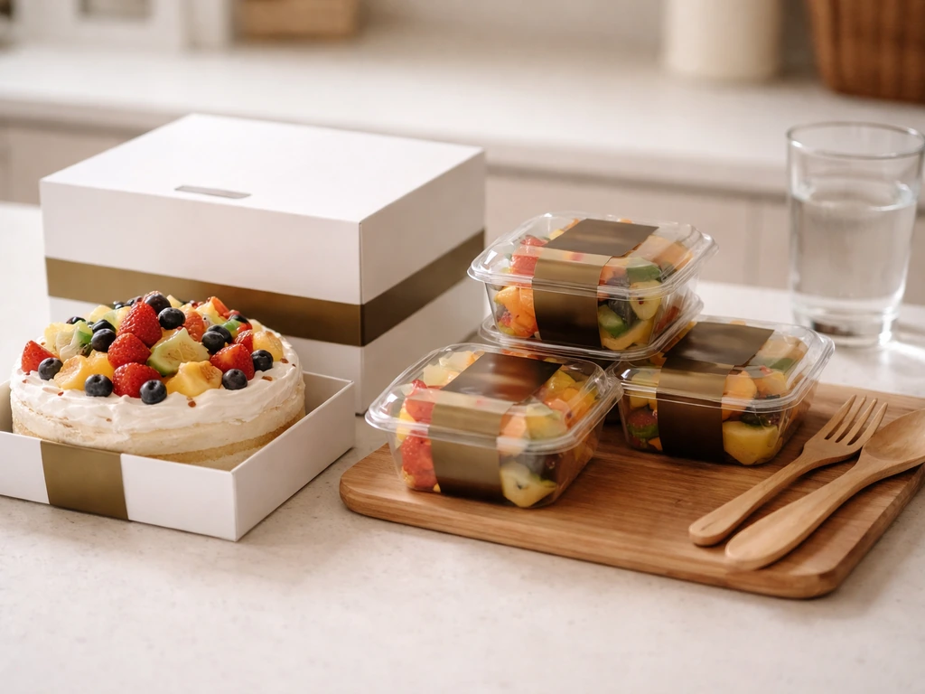 Premium fruit cake and fruit cup packaging in a clean Dubai-style setting with soft natural light.