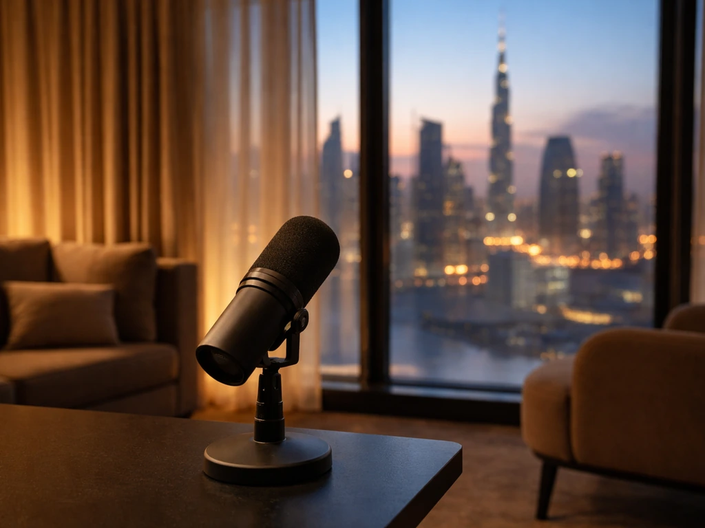 Empty upscale media studio lounge with soft lighting and a decorative Dubai skyline view, implying entertainment wealth