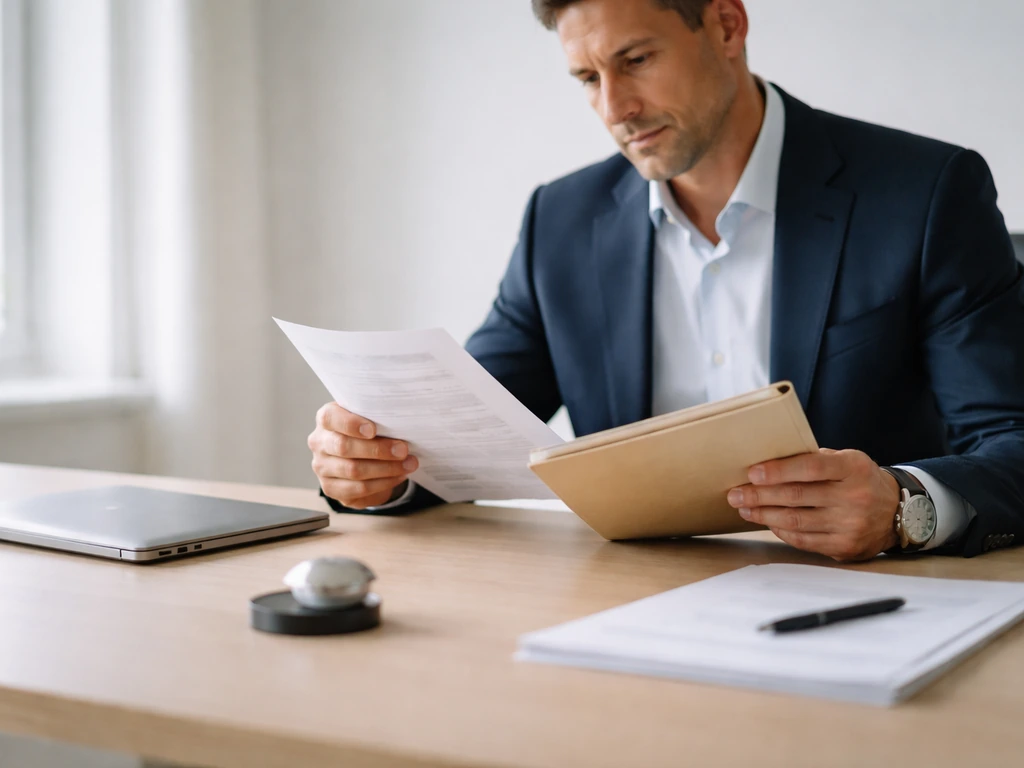 An anonymous business executive at a desk reviewing corporate documents in a quiet office