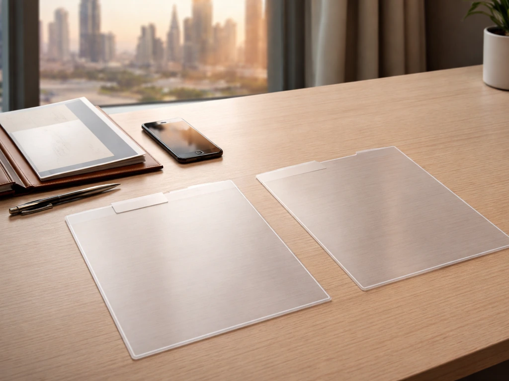 Minimal Dubai office desk with documents and folders suggesting confirmed business certification without readable text.