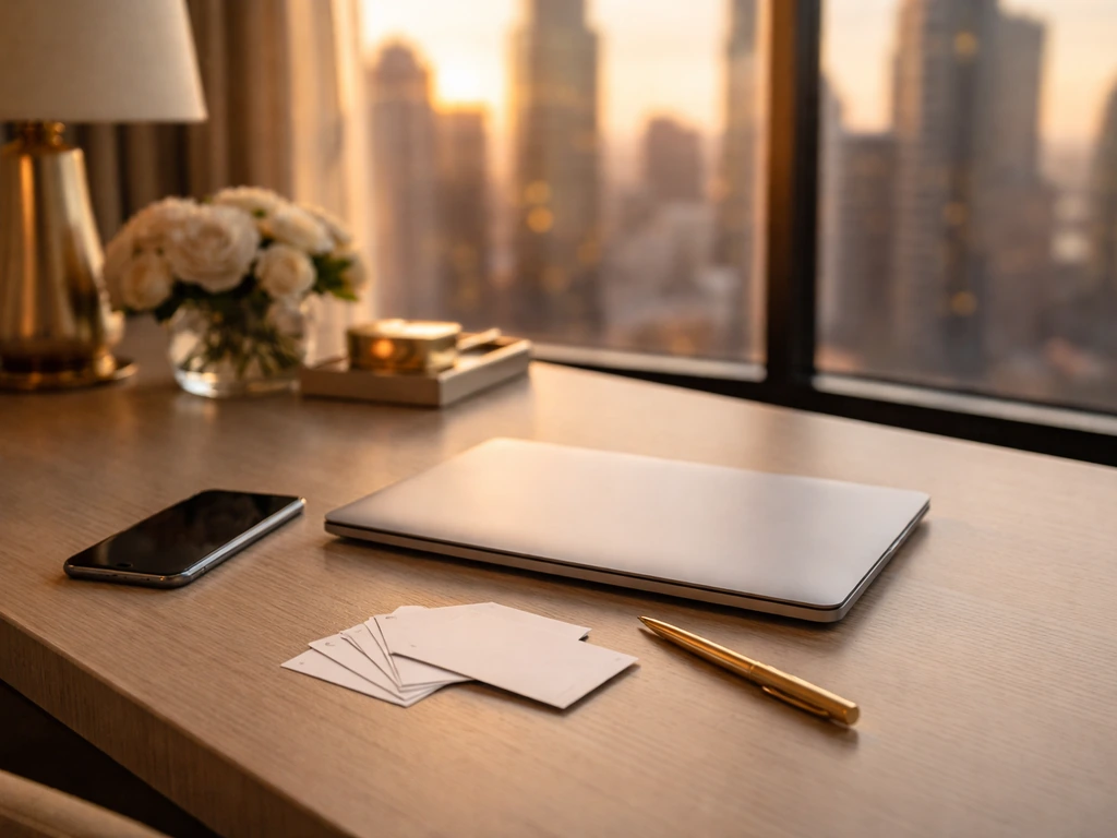 An anonymous luxury office desk scene with a smartphone and scattered business cards, suggesting celebrity net-worth res