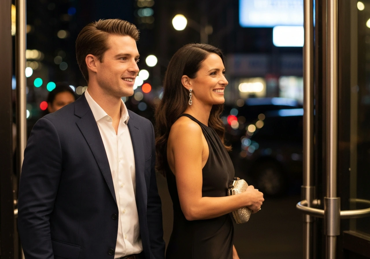Pavit Randhawa-like man and Jessel Taank-like woman at a New York event entrance, candid and unbranded.