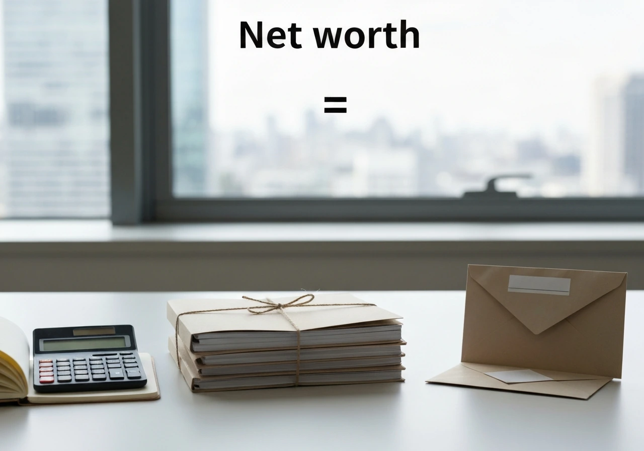 Minimal desk photo with calculator, documents, and an envelope symbolizing assets minus liabilities.