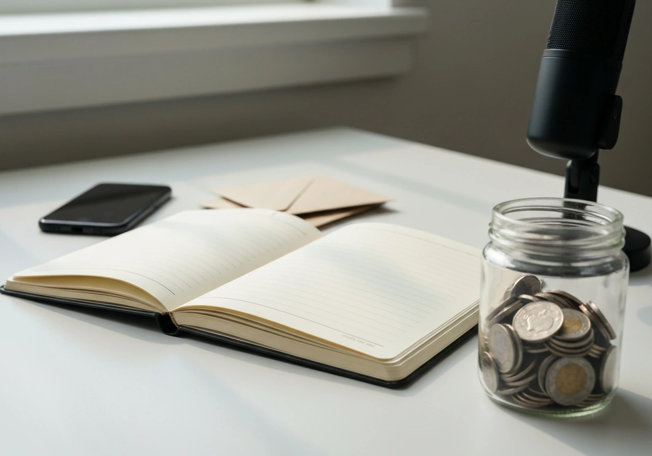 Minimal business desk with coins in a jar and a microphone, symbolizing a conservative wealth snapshot.