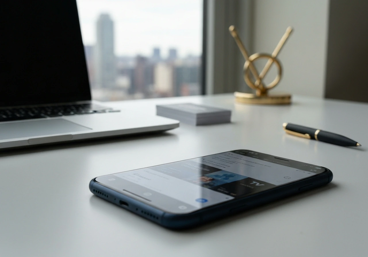Minimal desk scene with smartphone showing a generic search results screen about TV news sources