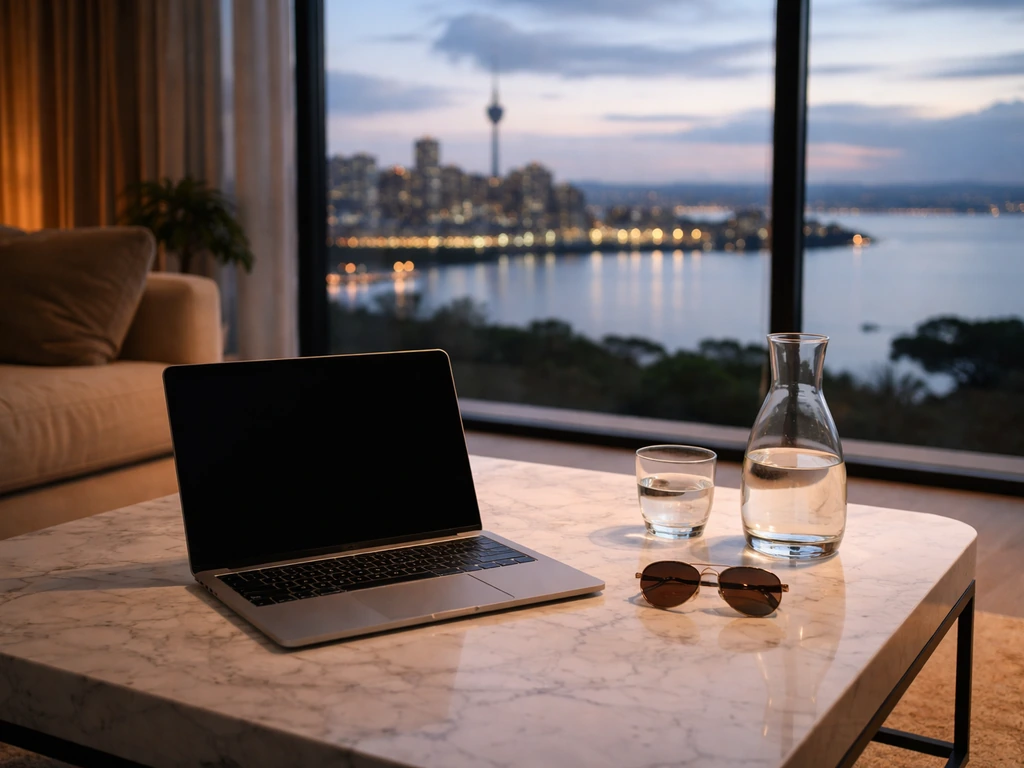 Luxury Auckland-style living room with a laptop on a marble table, suggesting celebrity wealth estimates.