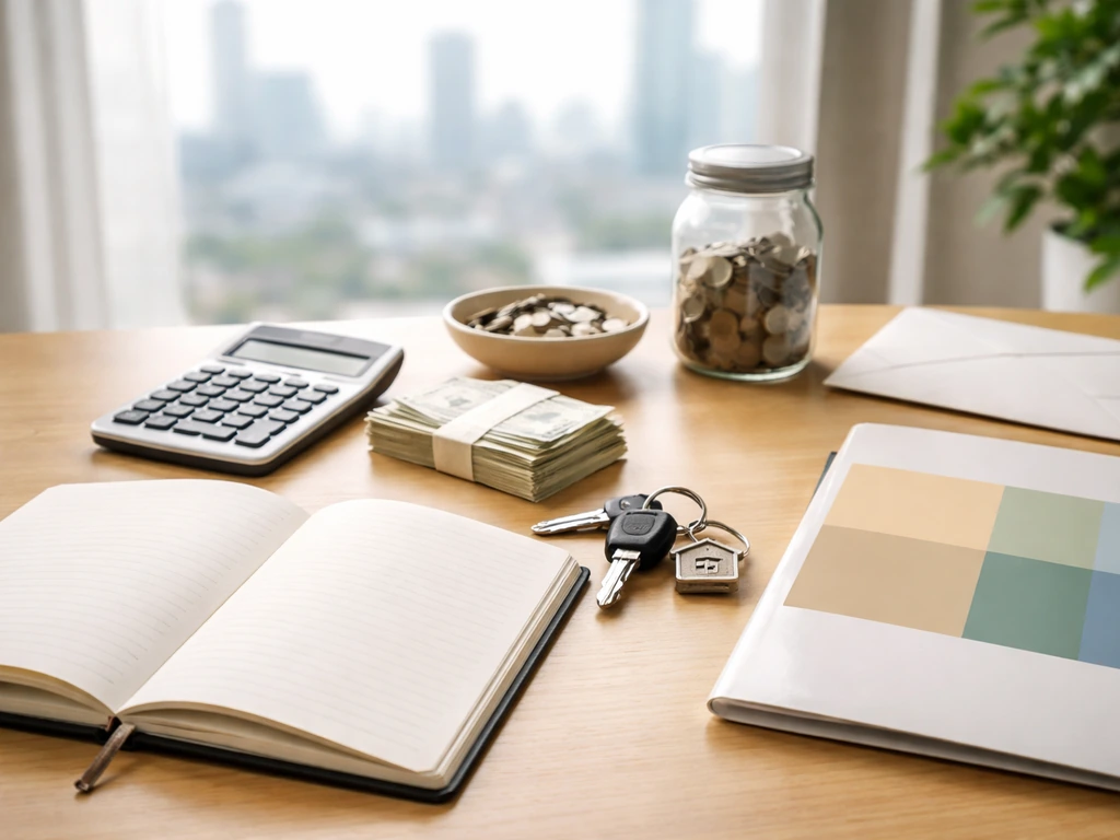 Minimal desk scene with calculator and money symbols suggesting assets minus liabilities.