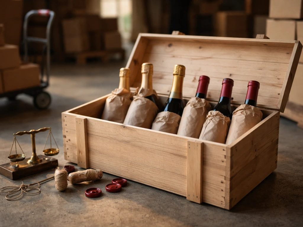 Luxury wine and champagne bottles in an import warehouse crate with corks and closures nearby.