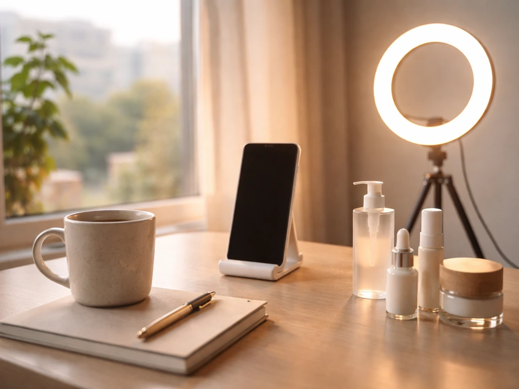Minimal media lifestyle desk scene with a smartphone and softly lit ring light by a window.