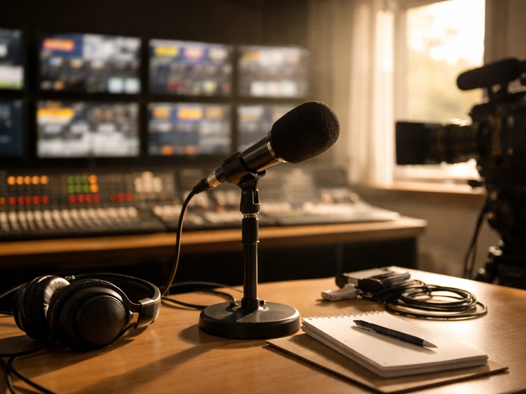 Television studio control room scene with a microphone and camera gear, symbolizing a TV media career.