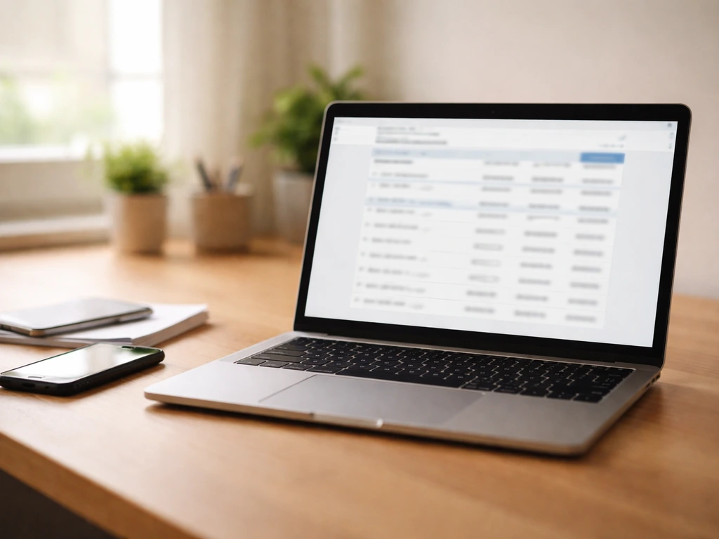 Laptop on a desk with a blurred government registry-style search results screen, symbolizing primary-source checking.