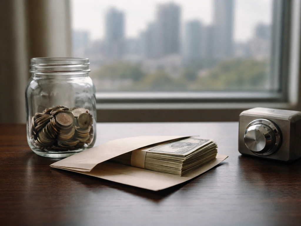 Minimal desk scene with coins and an analog dial/safe knob symbolizing a net-worth range.