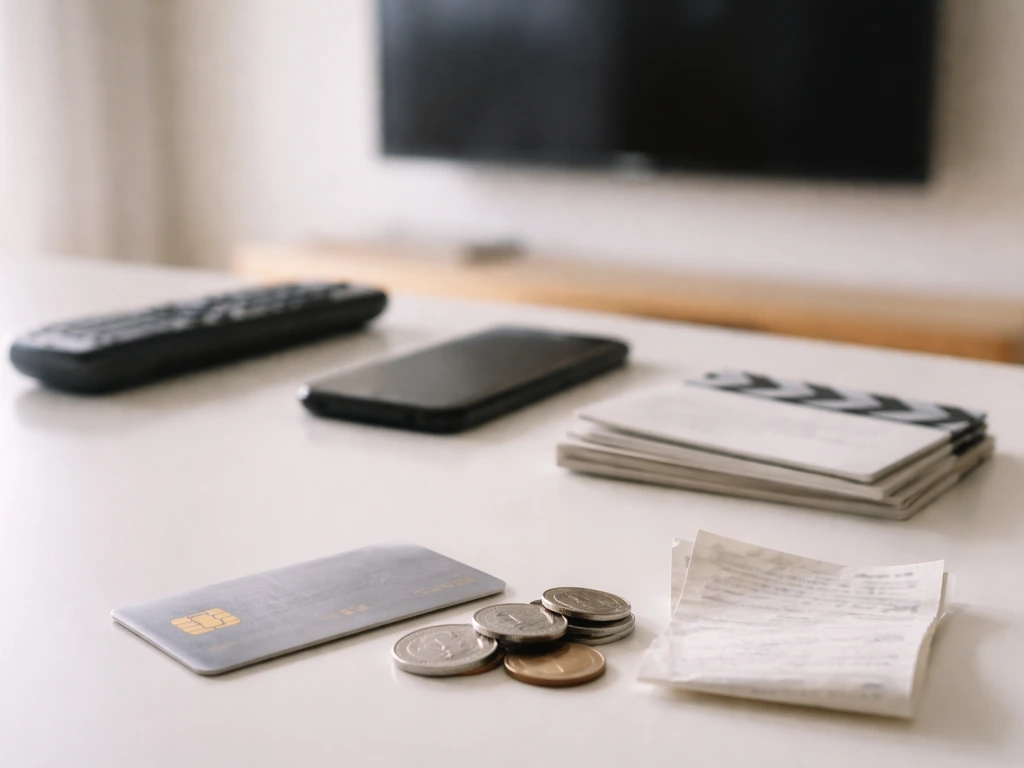 Minimal montage of MTV-style reality TV memorabilia and payment symbols on a desk