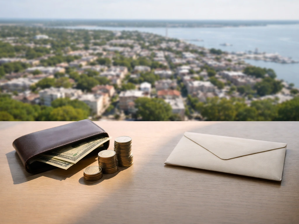 Charleston map backdrop with coins and cash beside a plain envelope, symbolizing assets minus liabilities.
