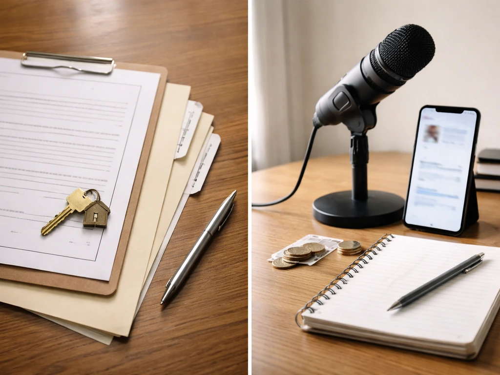 Split desk scene with blank deed documents, coins, and a phone profile mock implying real estate and business assets.