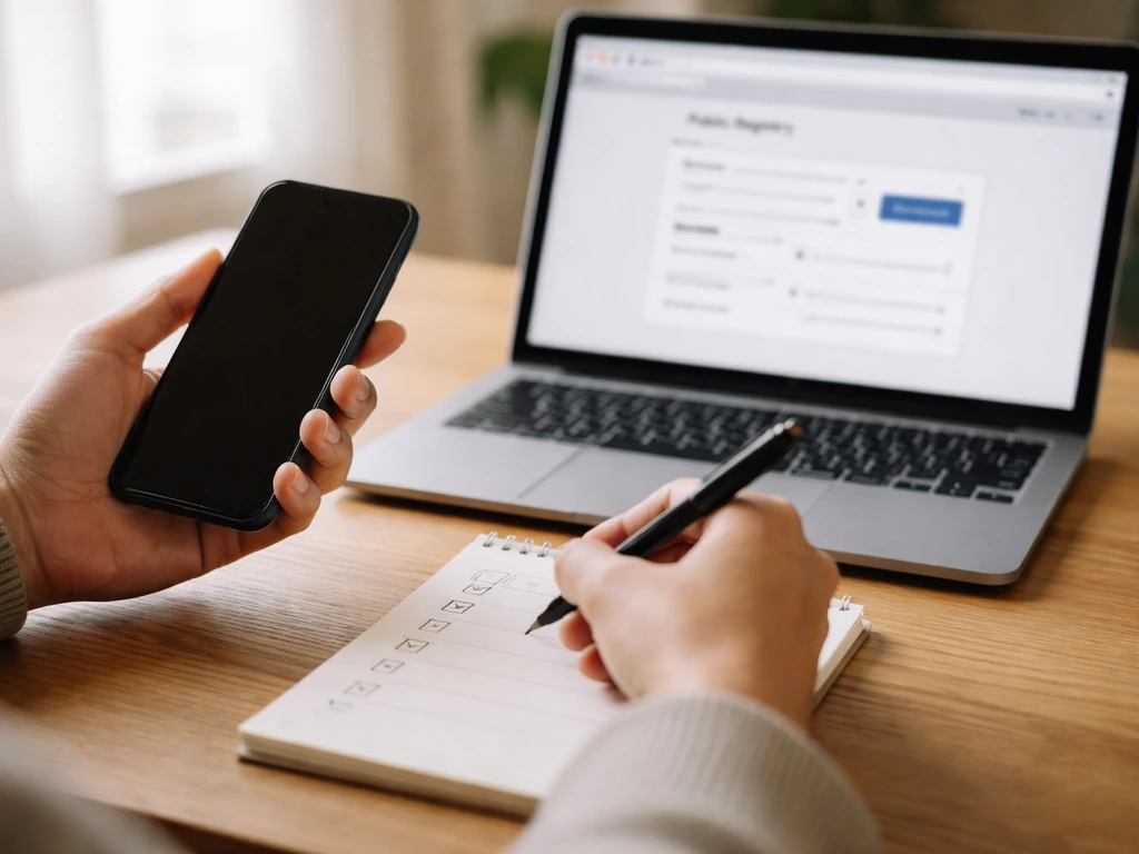 Hand holding phone while a checklist is filled beside a laptop showing public registry search results