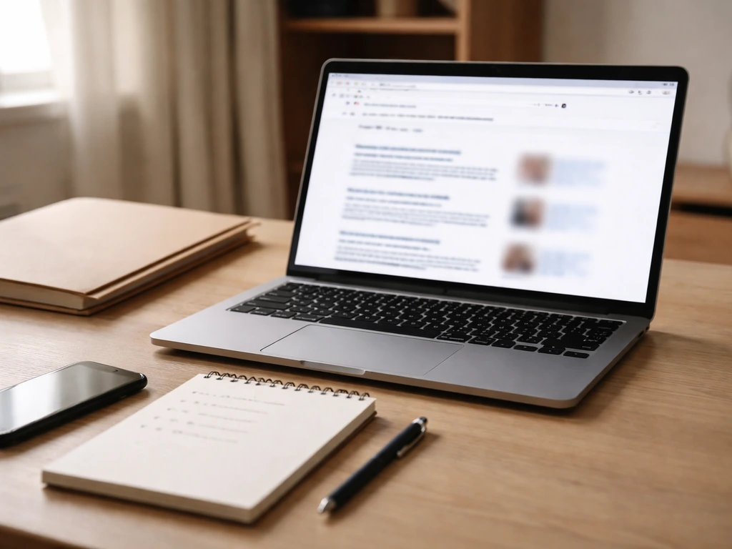 Minimal desk scene with notebook and laptop showing generic search results for business registry research