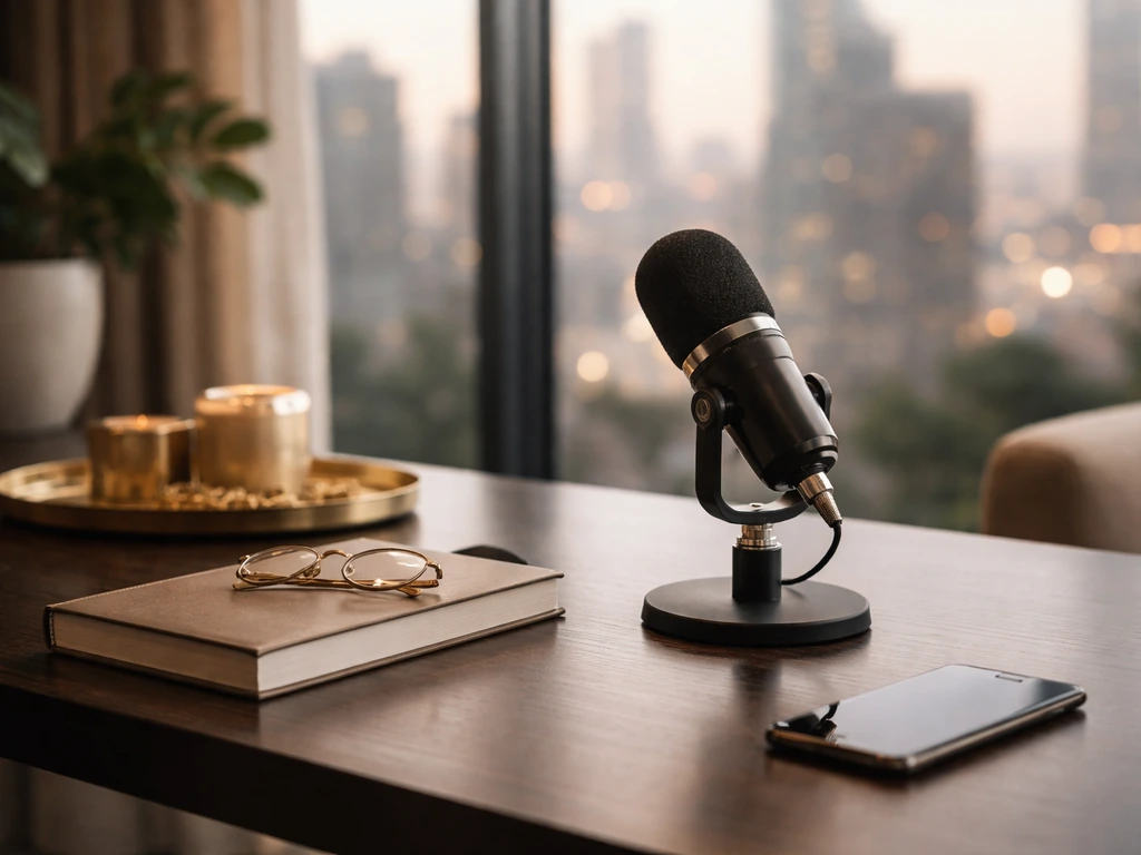 Elegant desk with a TV microphone and gold accents, evoking celebrity media and wealth research vibes.