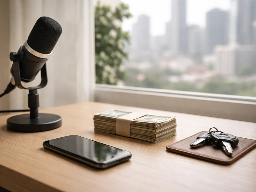 Anonymous desk with microphone, phone, cash, and keys symbolizing multiple media and business income streams