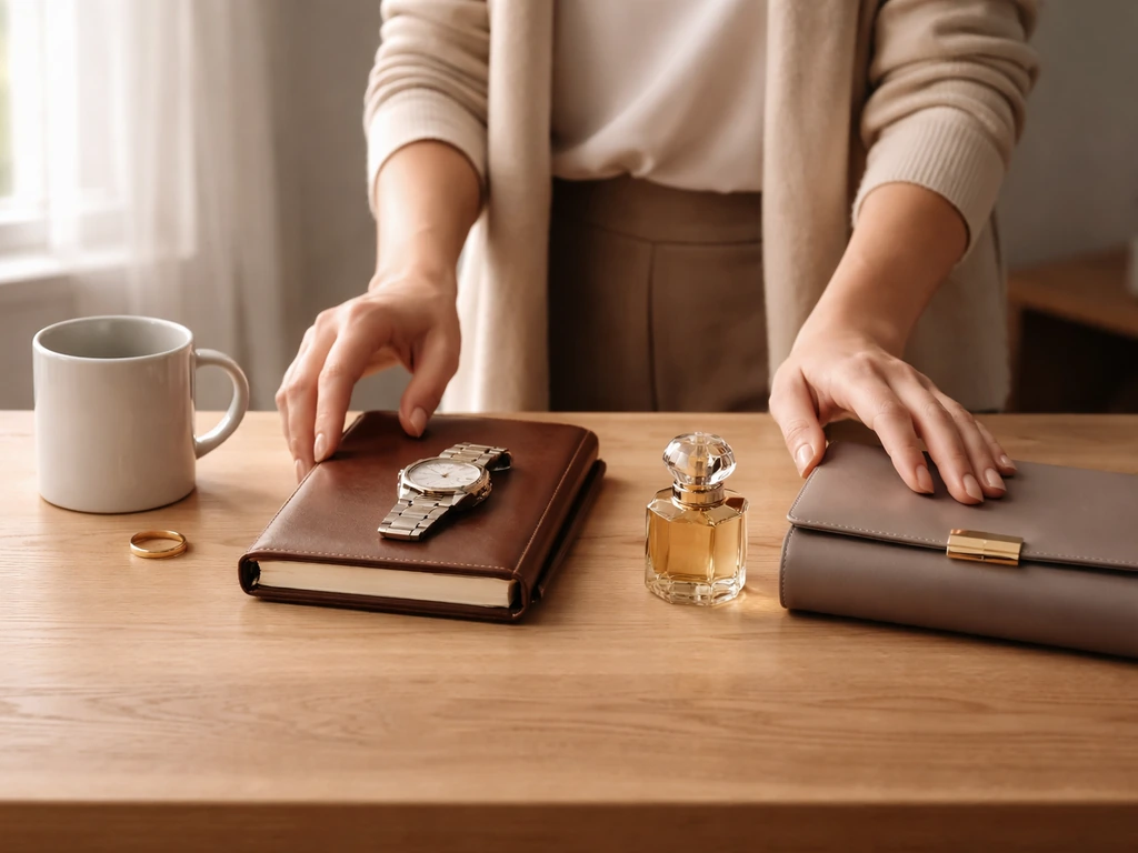 Minimal view of a woman’s hand arranging three luxury items on a wooden desk, suggesting a wealth timeline.