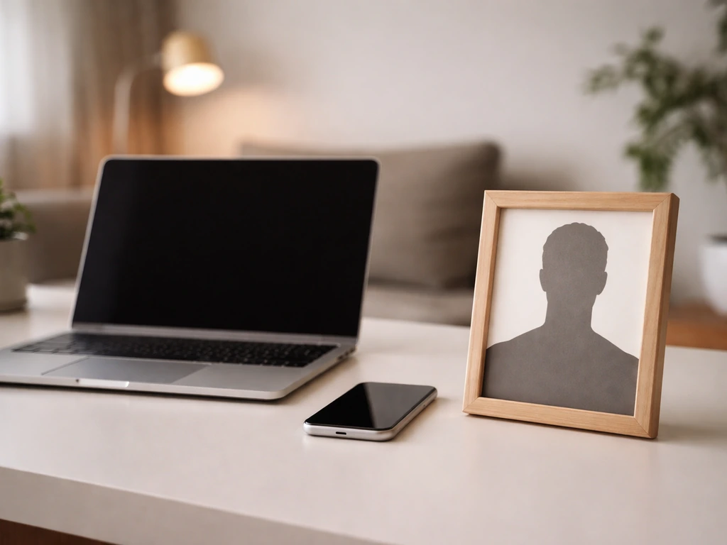 Minimal photo showing an anonymous laptop setup with a single small framed image referencing Rob Warne’s OnlyFans creato