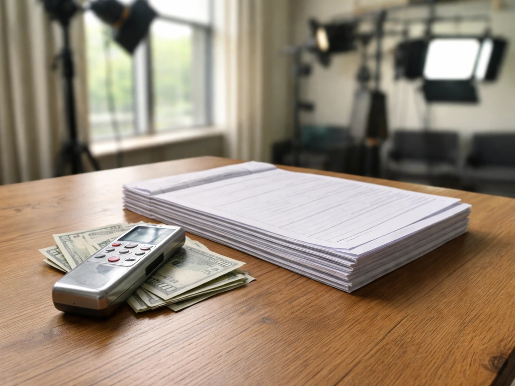 Anonymous TV production desk with a voice recorder and blank call sheets, suggesting reality-TV earnings.