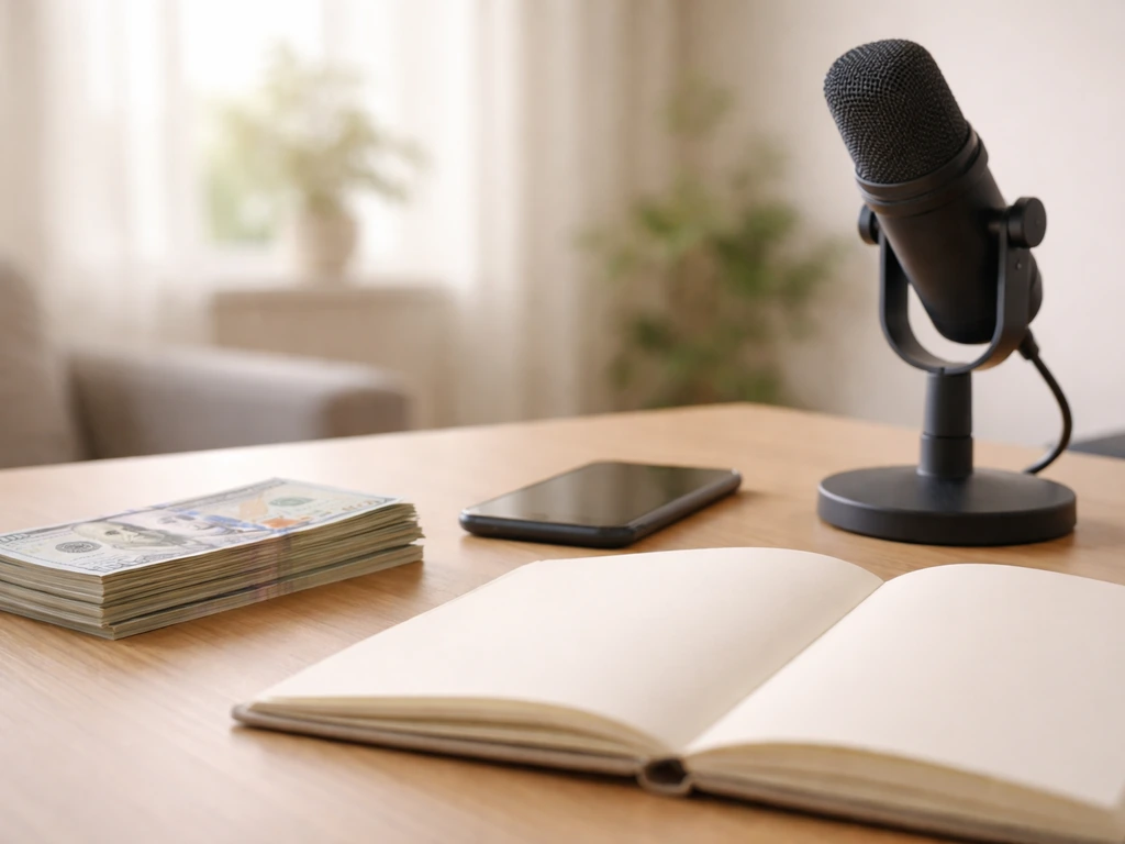 Clean close-up of a coffee-and-notebook desk setup with money and a phone, symbolizing income analysis
