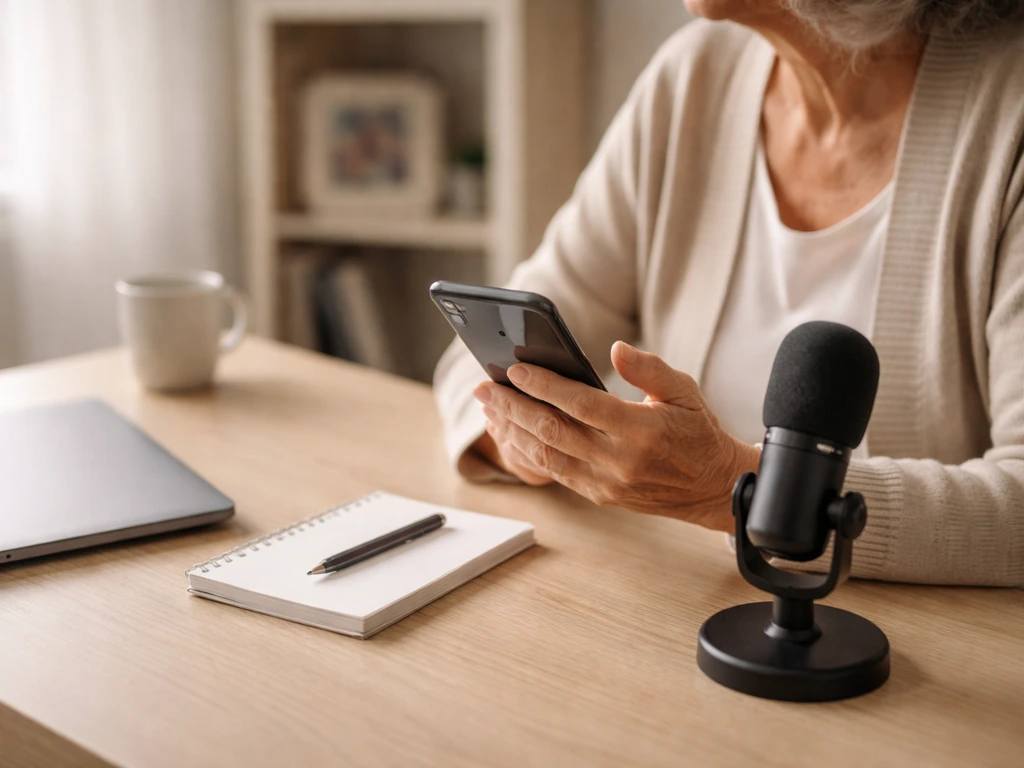 An elderly-looking woman using a smartphone in a quiet home office next to a microphone, symbolizing estimated online ea