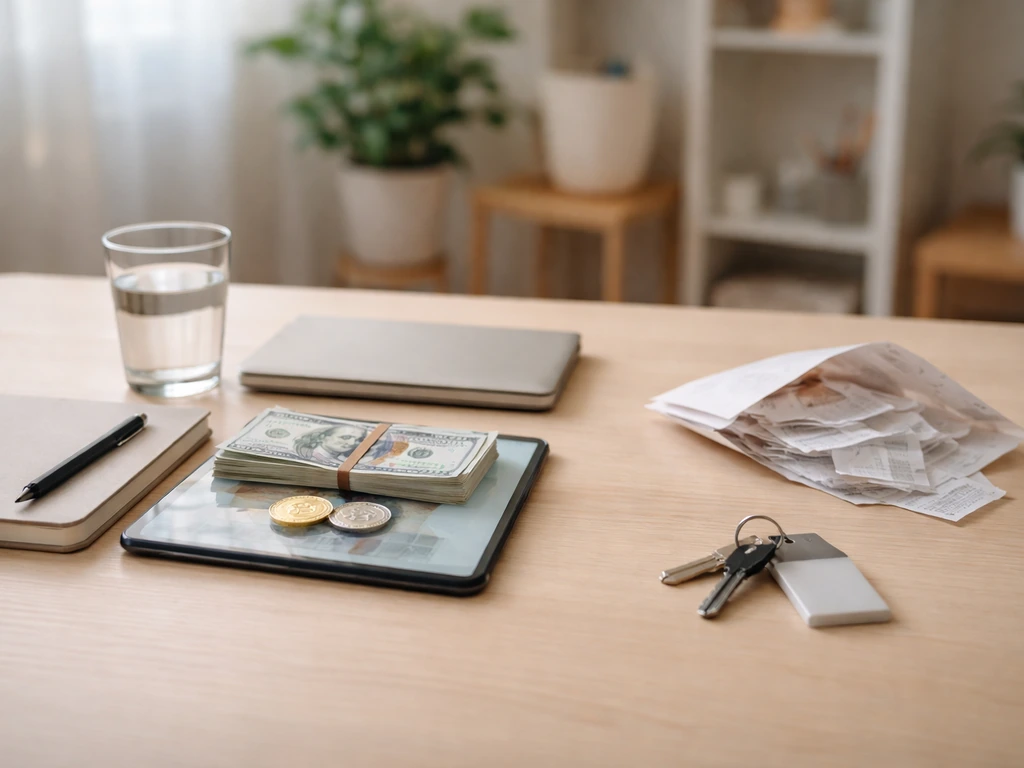 Minimal desk scene with money and blurred bills/envelope, symbolizing assets versus debts.
