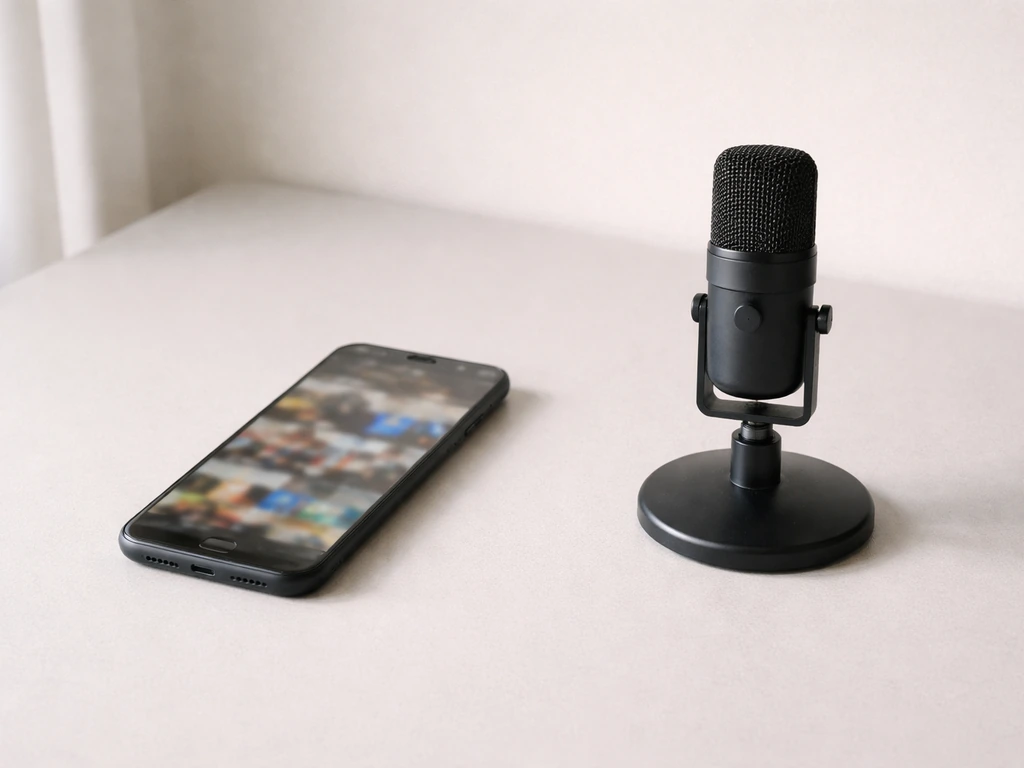 Minimal desk scene with a smartphone and studio microphone suggesting two TikTok income streams.