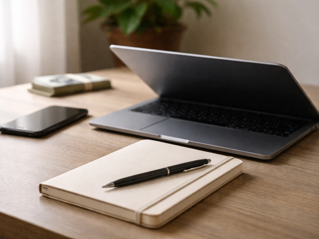 Minimal desk scene with laptop and notebook beside a smartphone, symbolizing verifying online sponsor and media claims.
