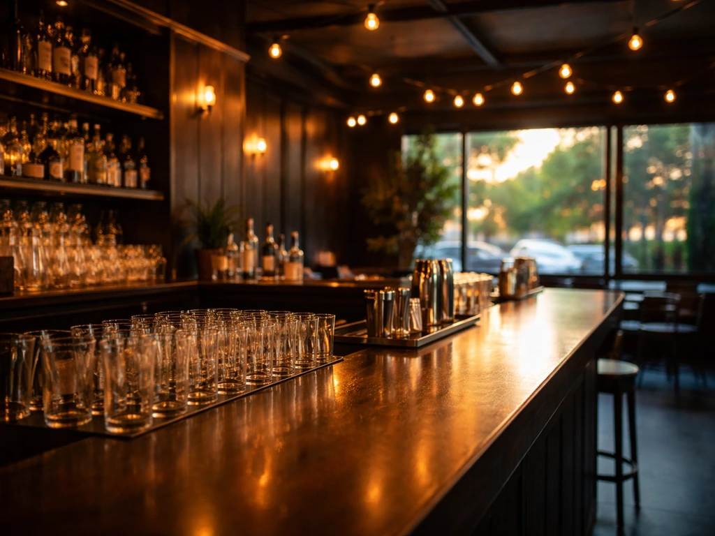 Modern West Hollywood bar interior with a bartender station and warm lights, hinting at a TV co-owned venue