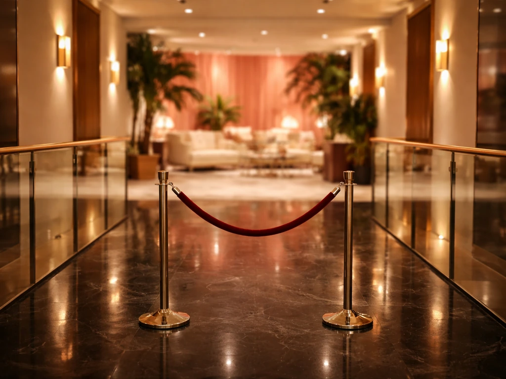 Luxury television studio hallway with a tasteful “Real Housewives of Miami” style vibe, warm lights and minimal decor.