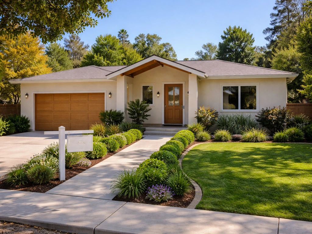 Sunny Encino, California house exterior with a For-Sale sign vibe and driveway curb appeal