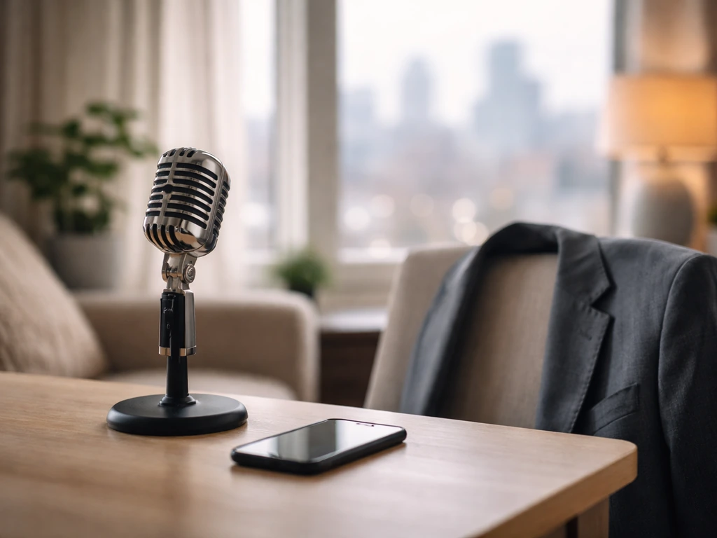Minimal media-and-wealth desk scene with microphone and phone symbolizing a reality TV net worth analysis