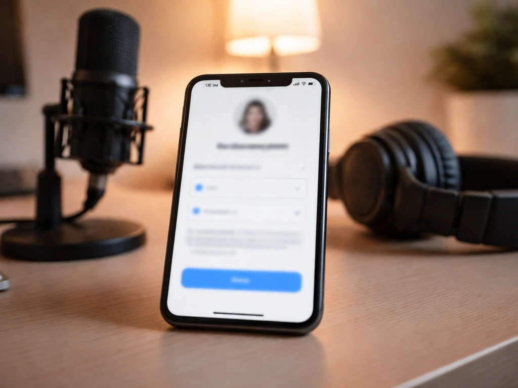 Minimal desk scene with a phone showing blurred payment/booking-style elements beside a microphone.