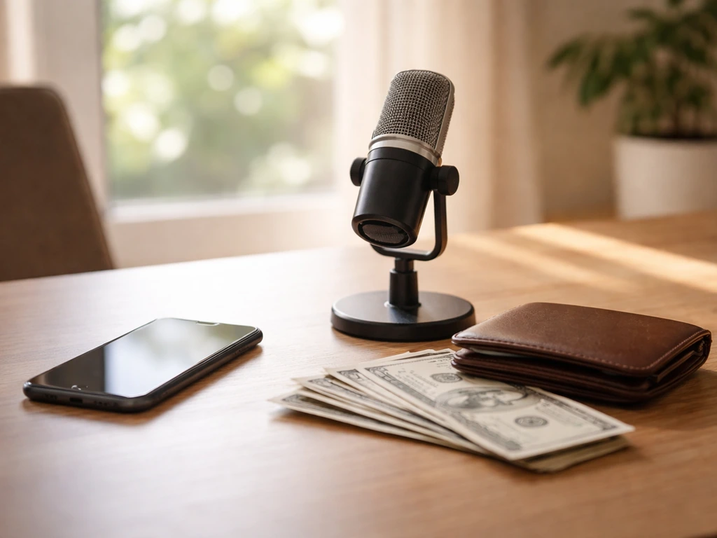 Minimal home-office desk scene with smartphone, microphone, and cash suggesting monetized media earnings.