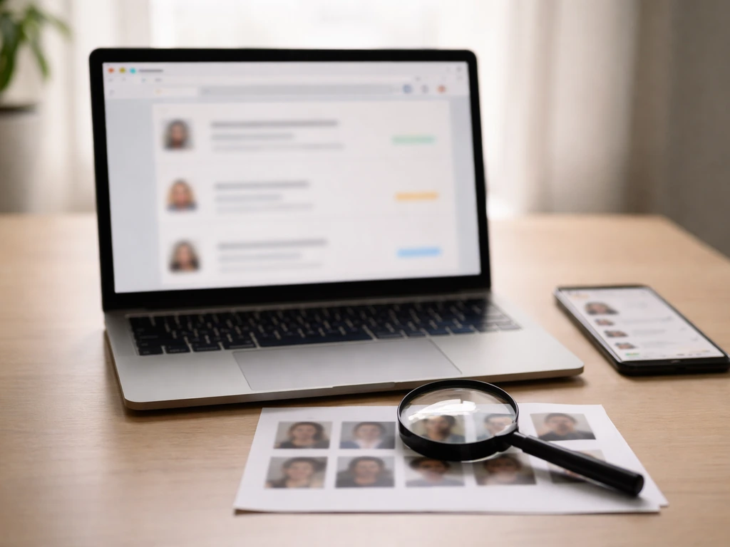 Minimal desk with laptop and blurred profile screens plus magnifying glass suggesting media/price verification.