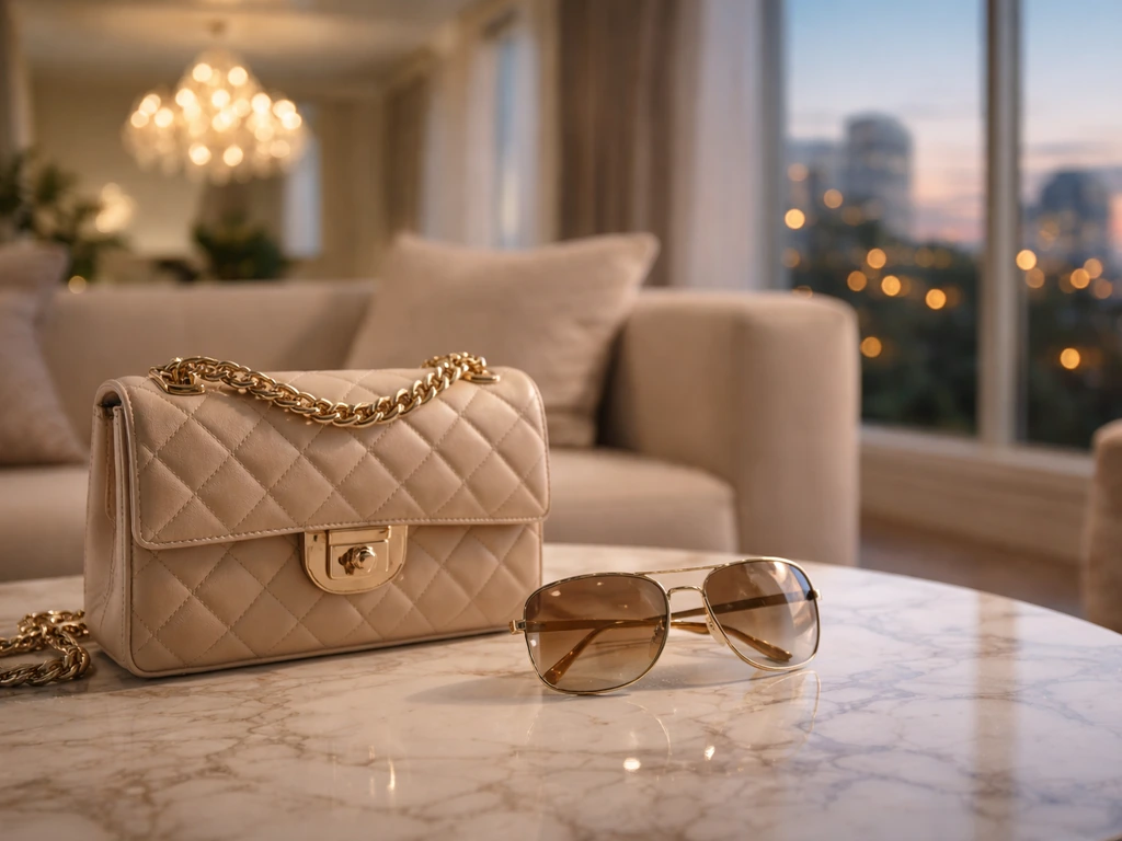 Luxury living room with a glamorous purse on a coffee table, suggesting reality TV wealth