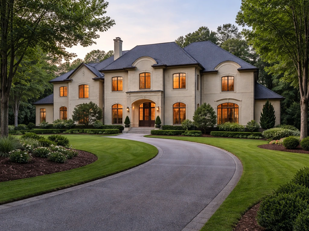 Exterior view of a large luxury mansion in Alpharetta, Georgia with a driveway and manicured lawn