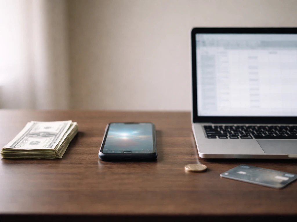 Minimal desk scene with cash, a phone, and an open laptop symbolizing differing money estimates.