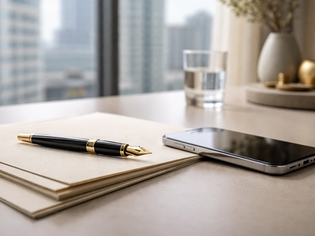 Minimal luxury office scene with an expensive pen and a smartphone, symbolizing a widely cited net worth figure.
