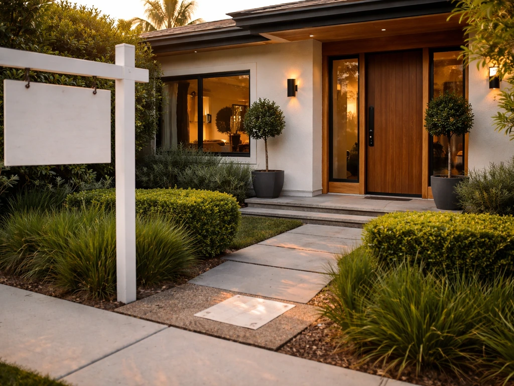 Sunny West Hollywood-style home exterior with a subtle for-sale sign and property detail cues