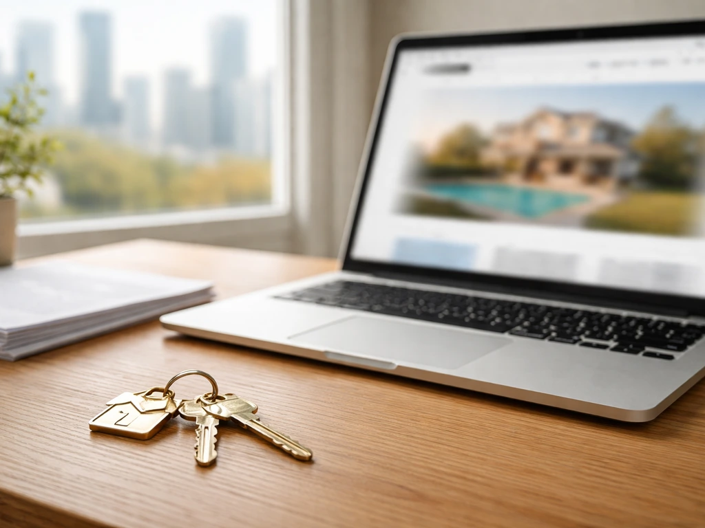 Sunlit real-estate office desk with keys and a laptop, symbolizing property and wealth analysis.